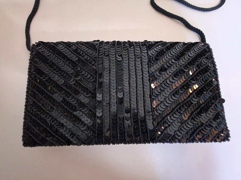 Black Sequin Beaded Evening Bag Shoulder Purse Flap Clutch Y2K Formal Cocktail